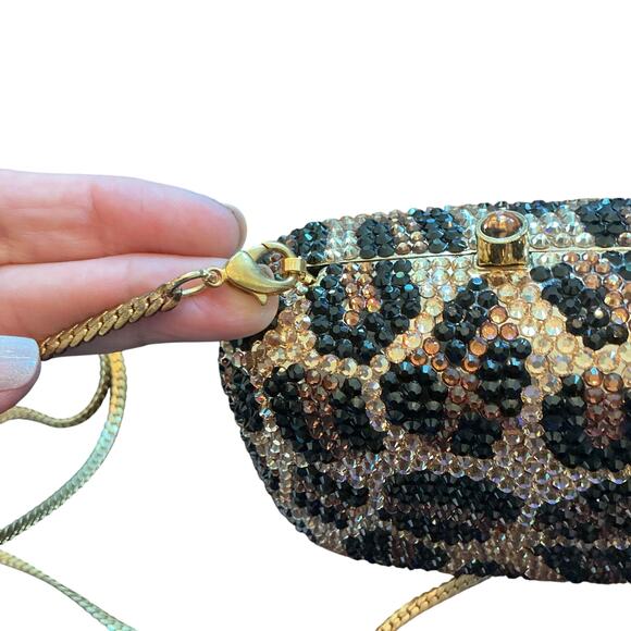 Mini Crystallized Embellished Evening Shoulder Bag Clutch Purse Leopard Gold - Picture 4 of 16
